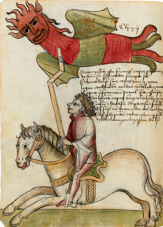 Rider with a dragon kite, in Bellifortis, by Konrad Kyeser (~1405)